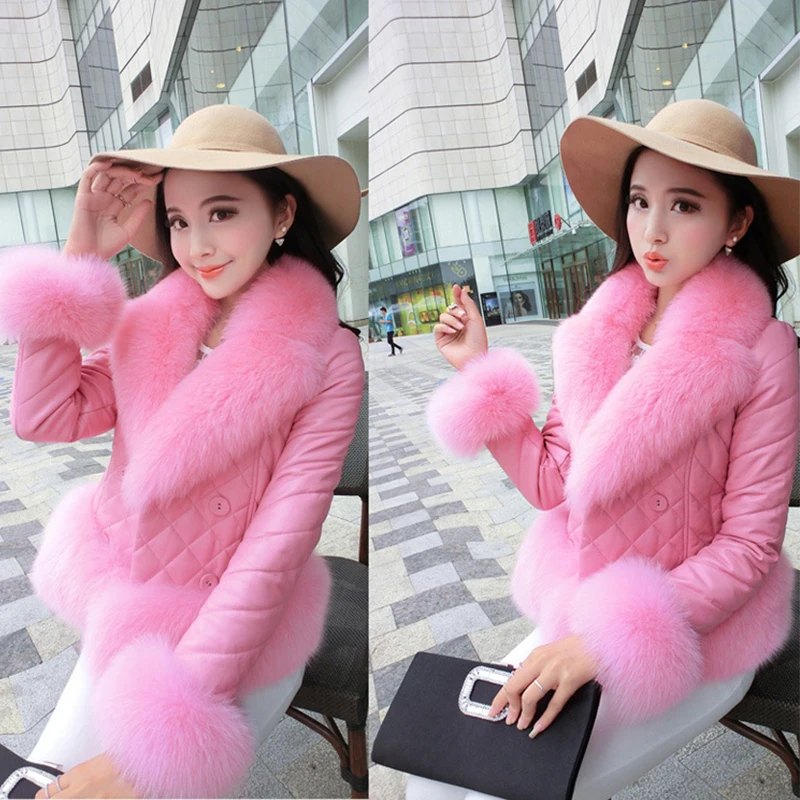 [Hongzuo] 2017 На зимнем меху пальто розовый корейский стиль моды тонкий искусственный