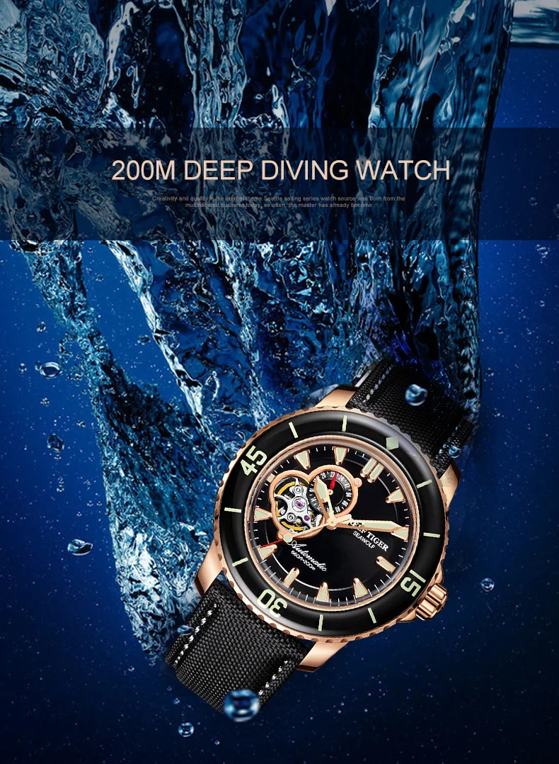 Reef Tiger/RT автоматические спортивные водонепроницаемые часы для мужчин ремешок из нержавеющей стали Супер Светящиеся работающие под водой часы RGA3039