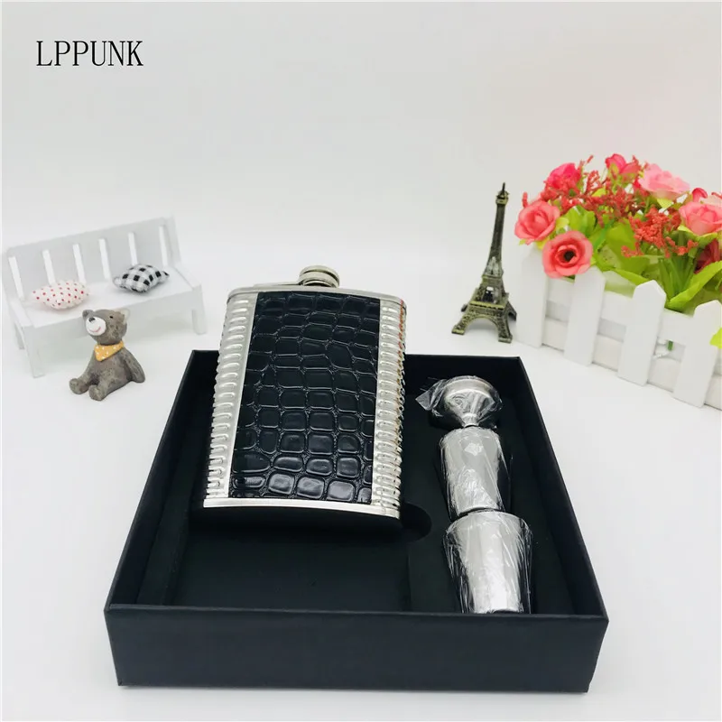 set Лидер продаж 8oz Москва виски водка бутыль нержавеющая сталь алкоголя плоская фляжка с искусственная кожа упаковочная черной подарочной коробке набор - Цвет: set