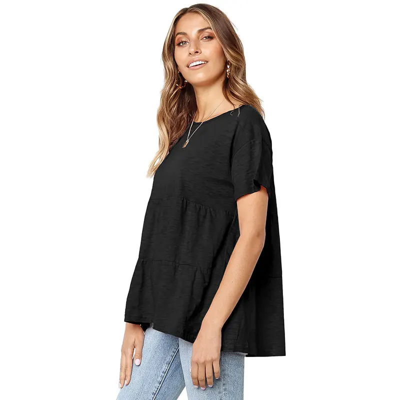 Для женщин рубашки Повседневное Шорты рубашка с круглым вырезом сплошная