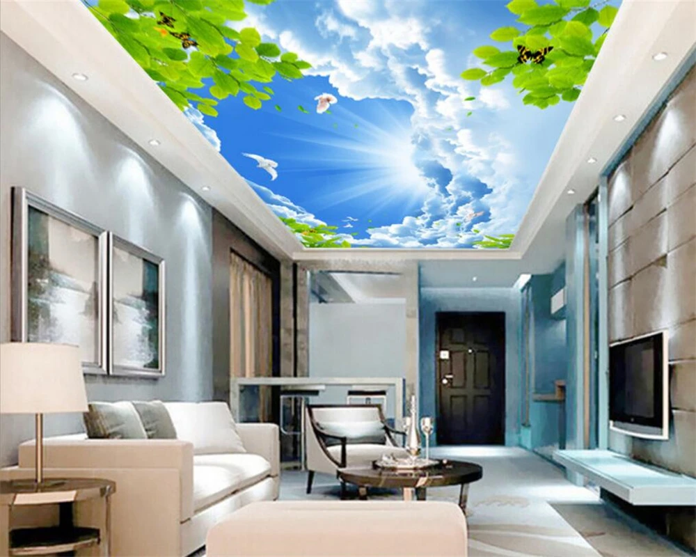 

Beibehang Custom ceiling 3D wallpaper blue sky white clouds green leaves pigeons zenith mural 3D living room zenith 3D wallpaper