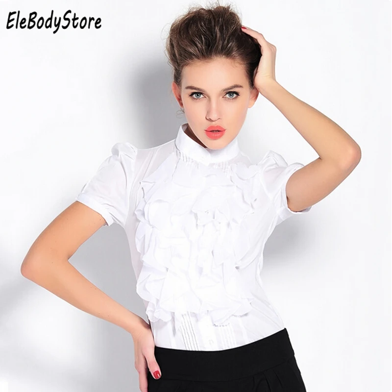 Женская офисная блузка с коротким рукавом и рюшами S-XL лето 2019 |
