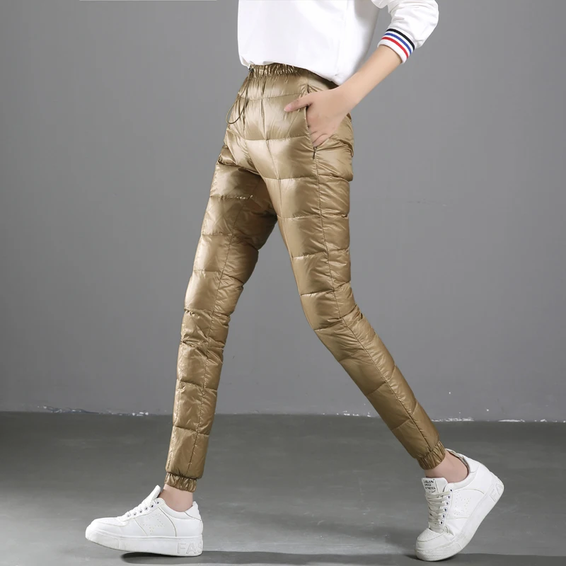 Новинка Осень зима Модные теплые брюки на белом утином пуху женские с эластичным