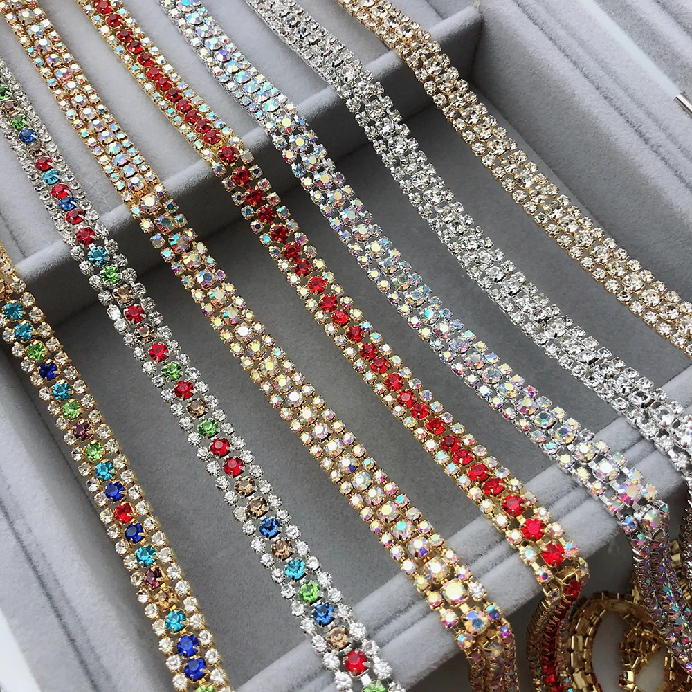 Ss8+ ss16 3 ряда стеклянные стразы, 1 ярд/Лот, кристалл ab аксессуары для одежды цепи Пришивные 3 ряда чашки цепи, ширина 8 мм