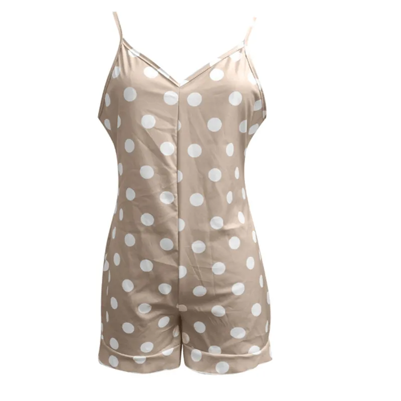 Женский комбинезон в горошек винтажный на бретелях спагетти с V образным вырезом