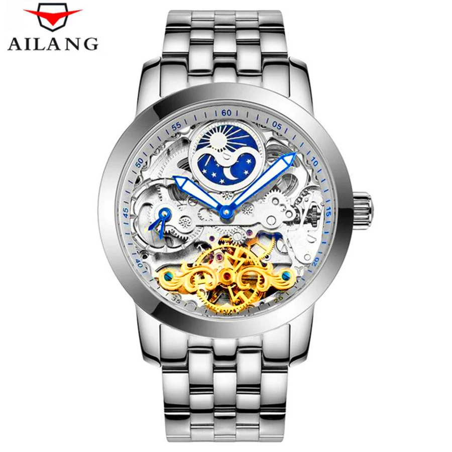 Скелет для мужчин механические часы Автоматические полые Tourbillon часы модные мужские водостойкие 50 м Спорт Луна часы с фазами Relogio - Цвет: Silver white