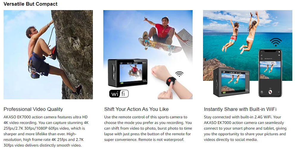 AKASO EK7000 WiFi 4K Action Camera Ultra HD Waterproof DV Camcorder 12MP Cameras Sports Camera 170 Degree Wide Angle Original
