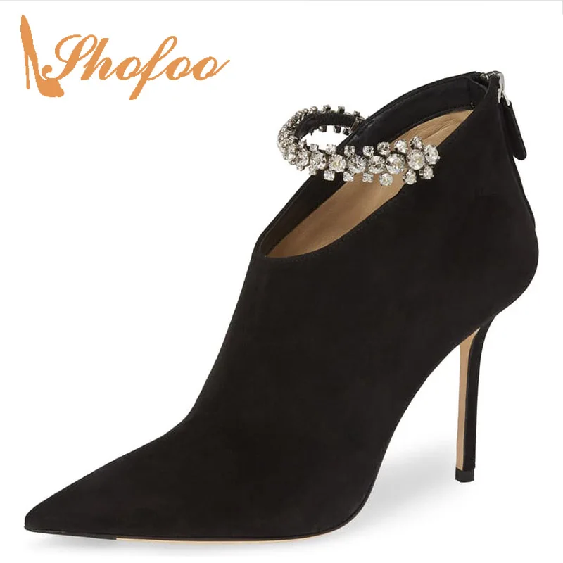 

Black Crystal High Thin Heels Stilettos Pointed Toe Ankle Boots Woman Zipper Large Size 11 15 Ladies Shoes Fashion Mature Shofoo