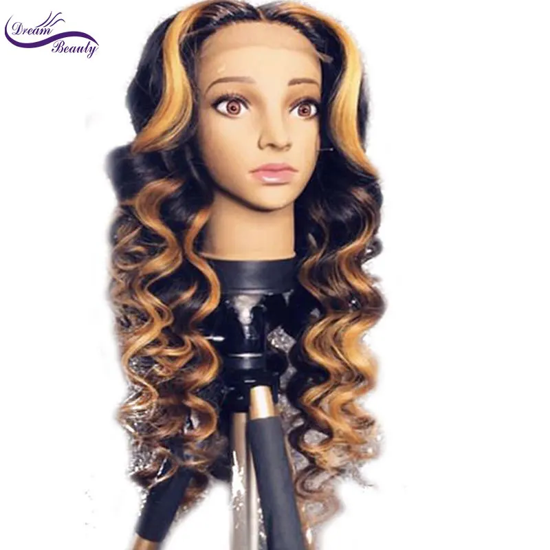 Омбре выделяет Цвет волнистые Remy бразильские 13x6 глубокие кружевные передние человеческие волосы парики предварительно сорванные натуральные парики из волос Dream beauty