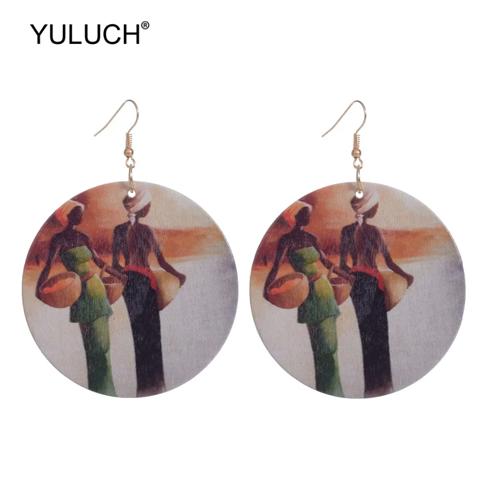 YULUCH 2019 африканские женские круглые деревянные окрашенные висячие серьги с