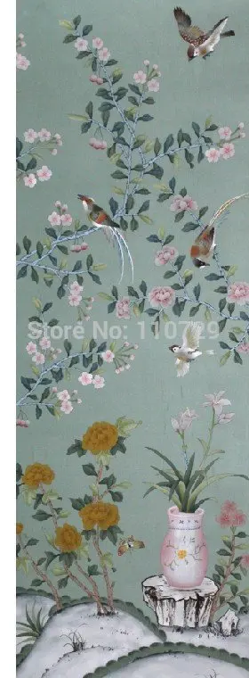 Buy 14 3 00 手描きのシルクの壁紙絵画花で鳥 フェンス手描きテレビ 寝室 リビングルーム ダイニング ソファ壁装紙