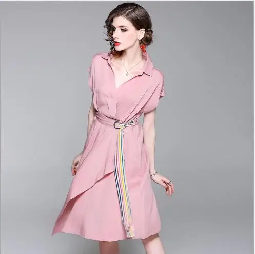 Women Dress 2018 New Summer Long Style Pleated Belt Female Outwear Fashion Casual Turn Down Collar Slim Fit Swing | Женская одежда