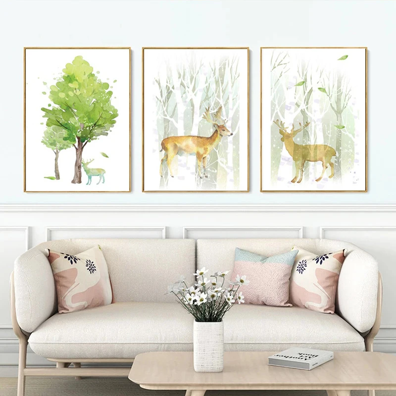 Северный спрей Коло зеленое дерево рисунок оленя на холсте свежая Настенная