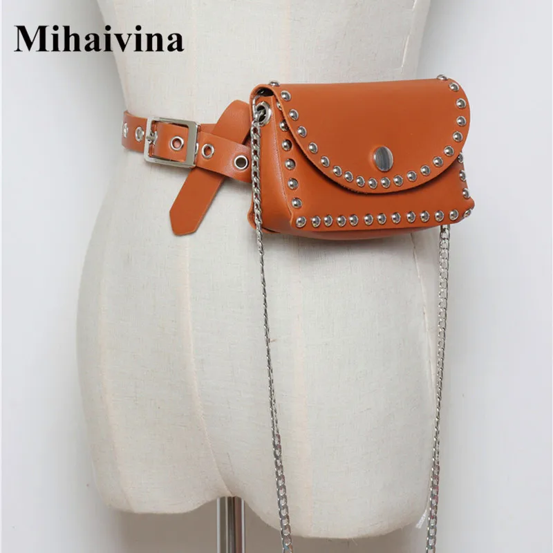 

Женская поясная сумка Mihaivina, модная сумка из искусственной кожи со съемными заклепками и цепочкой, сумка на плечо с карманом для телефона и д...