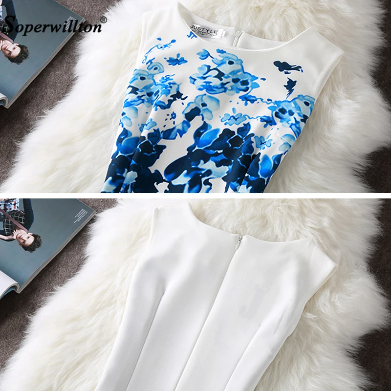 Женское винтажное платье без рукавов белое с цветочным принтом и круглым вырезом