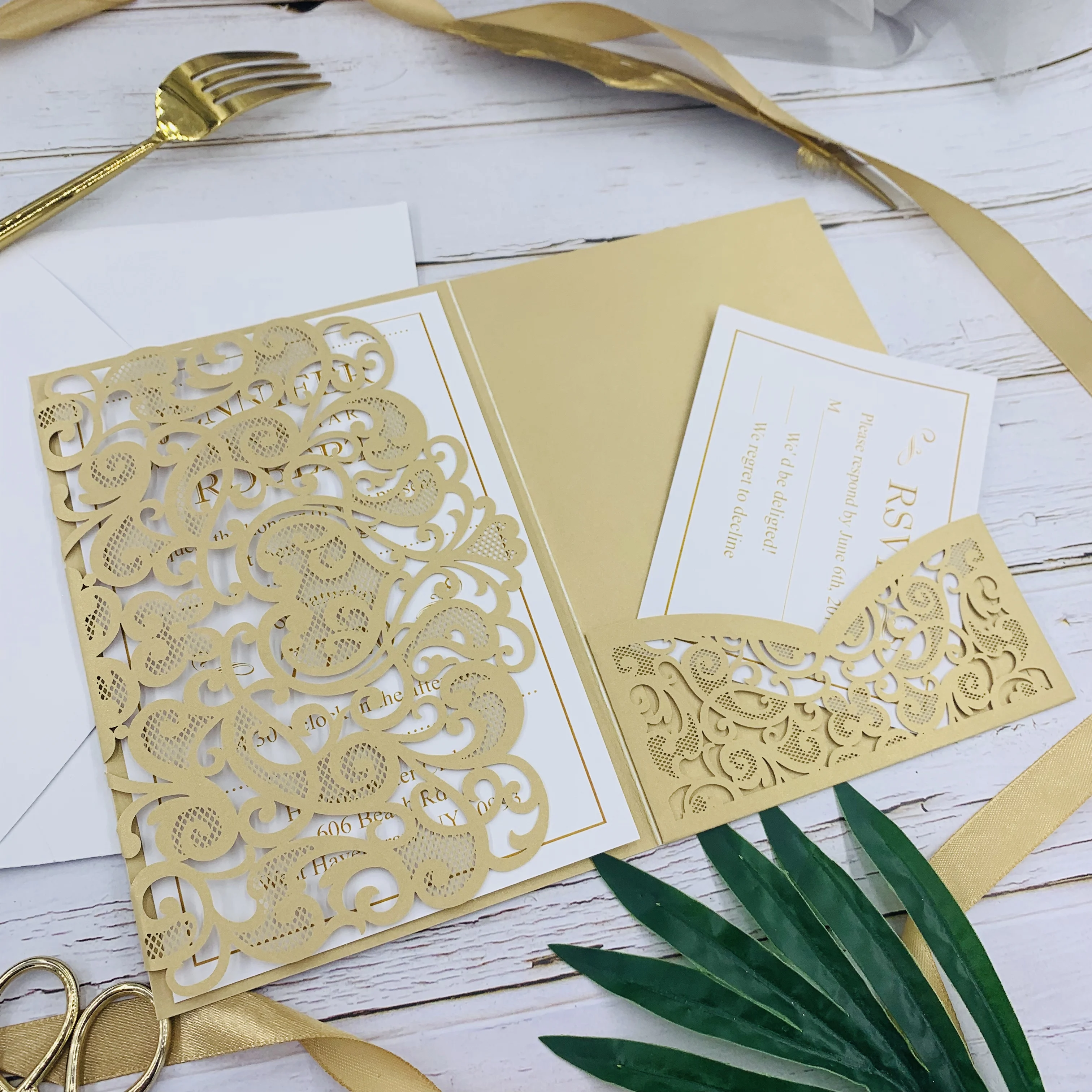 Современный шампунь Золотая лазерная резка Карманный Свадебный Пригласительный