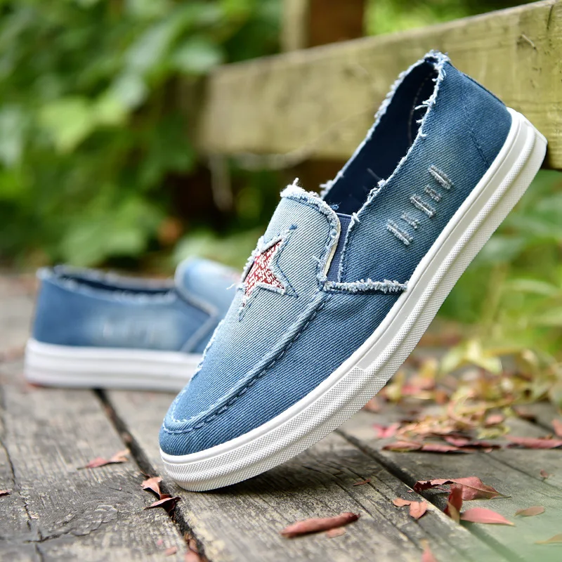 Light blue Модная Джинсовая парусиновая обувь; мужская повседневная обувь; мужские лоферы без шнуровки; Chaussures Homme; летние дышащие кроссовки; мужская обувь на плоской подошве - Цвет: Light blue