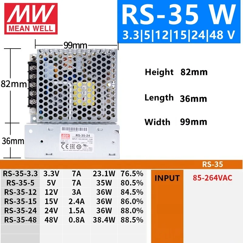 Бренд MEAN WELL представляет RS-15 лист длины 25,35, 50 3,3 V 5V 12V 15V 24V 36V 48 V meanwell RS-50 3,3 до 5 лет, 12 предметов в упаковке 15 24 36 48В одиночный Выход переключение Питание