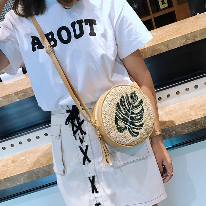 Круглые Женские соломенные сумки листья из ротанга Тканые Пляжные на плечо