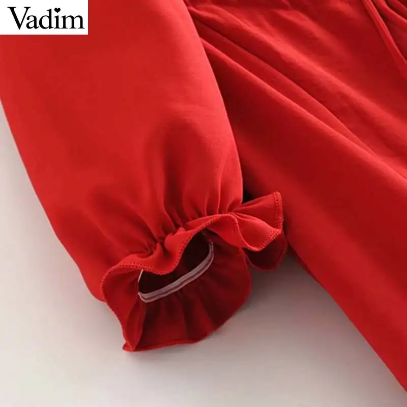 Vadim милый Женский однотонные красные квадратный воротник мини-платье Пышное