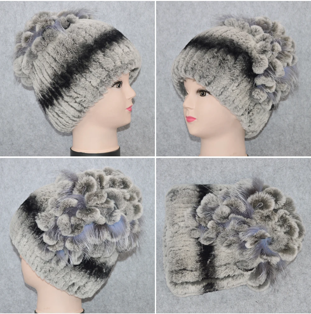 Новые женские шапки Настоящий мех кролика Skullies, роскошные эластичные вязаные цветочные шапки из натурального меха кролика Рекс, зимние шапки из натурального меха