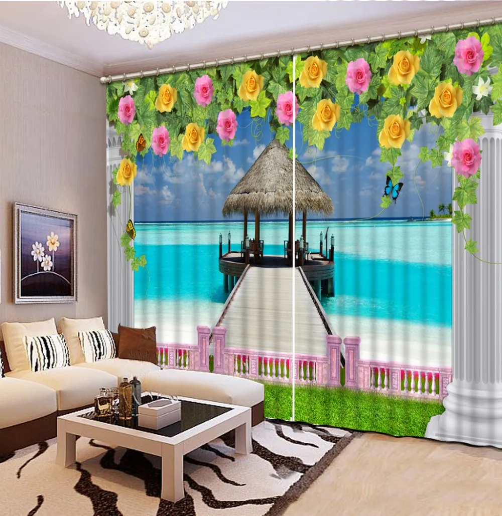 

Love sea landscape Window Curtain Blackout 3D Curtains For Living Room Bedroom Wood bridge Decorative Cortinas Drapes