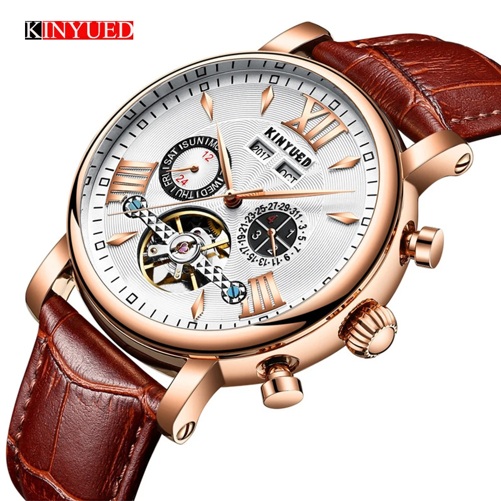 KINYUED Flying Tourbillon часы мужские кожаные водонепроницаемые вечный календарь