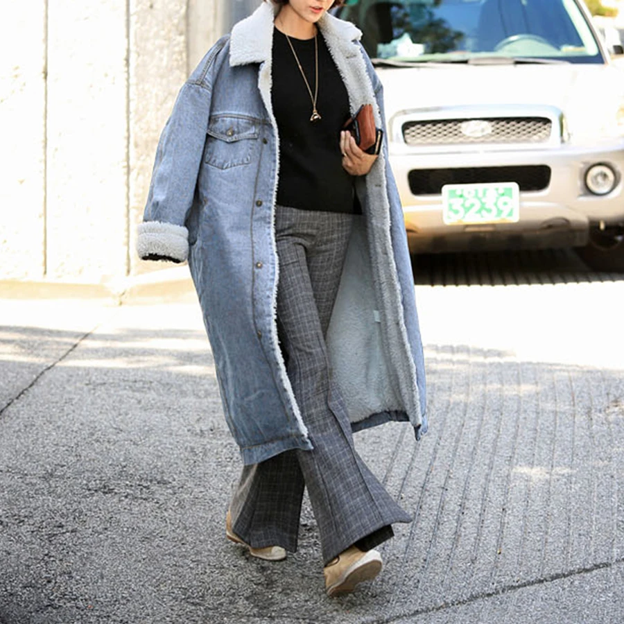 Mulena длинные овечьей шерсти женские джинсовые куртки толстые однотонные теплые