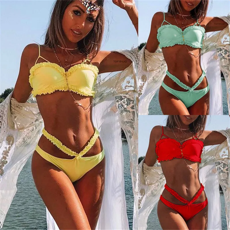 Женский купальник бразильский бандо с оборками кружевом пуш ап в полоску для