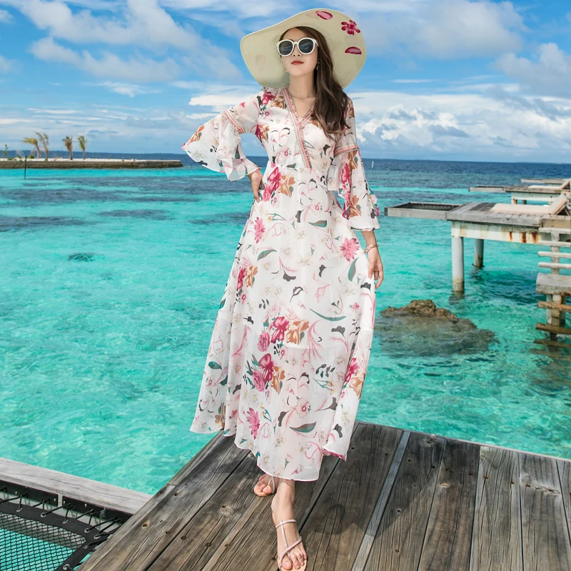Летнее платье 2019 шифоновое женское с цветочным принтом Красное Белое пляжное