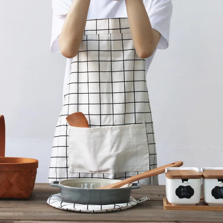Хлопковый и Льняной Фартук для кухни для взрослых, набор манжет для микроволновой печи, для кафе-студии, для пекарни, для мужчин и женщин, рабочие фартуки с логотипом - Цвет: White grid