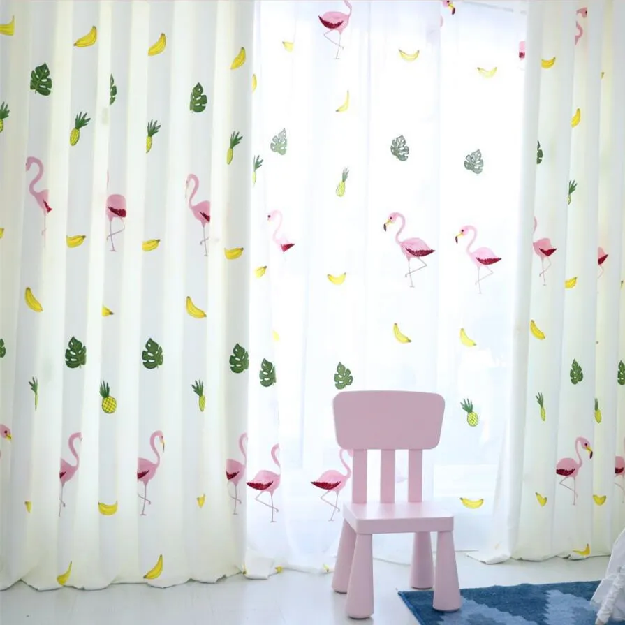 Cute Embroidered Yellow Banana Pineapple Curtain for Kids Room Green Leaves Sheer Tulle Children Red Birds Flamingo Living | Дом и сад