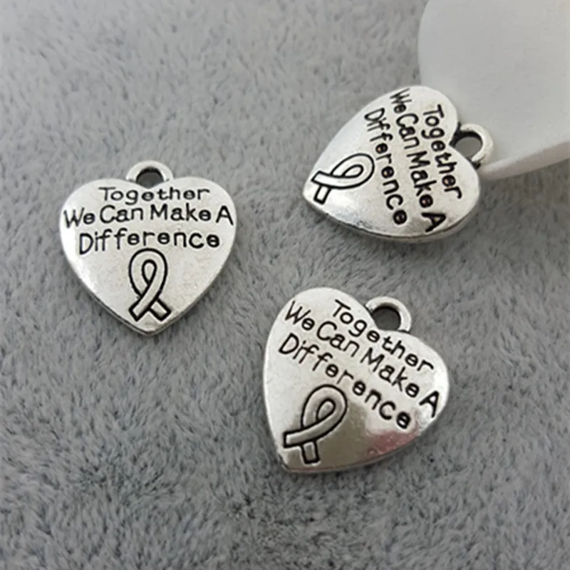 

18*16MM " Together we can make a difference" jewelry heart ribbon breast cancer awareness charm, woman antique silver pendant