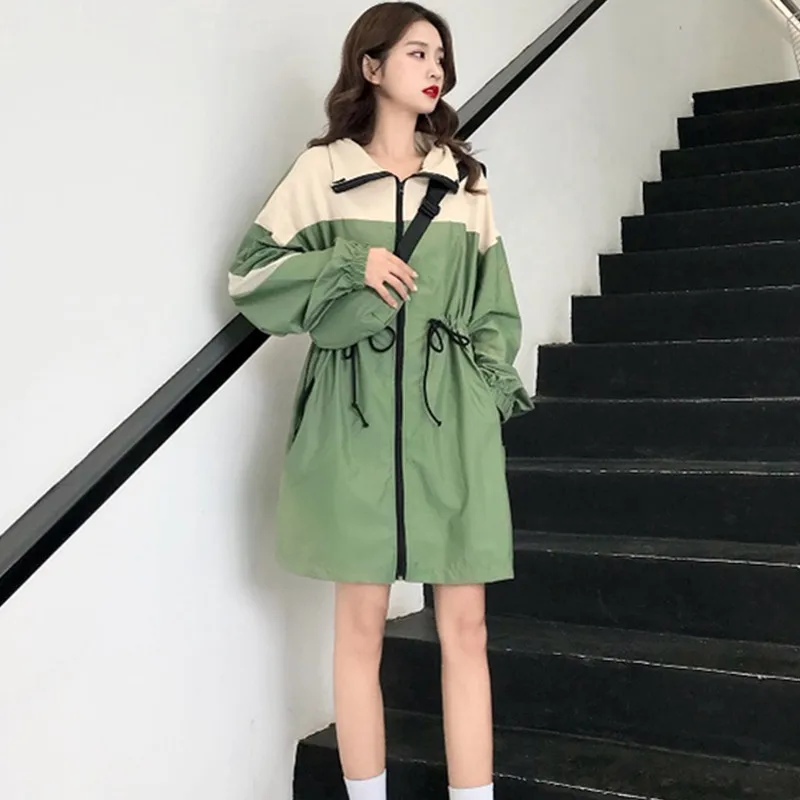 

UHYTGF Mid-length women's spring windbreaker outerwear Retro loose Oversized coats Female splice Student casual trench coat 368