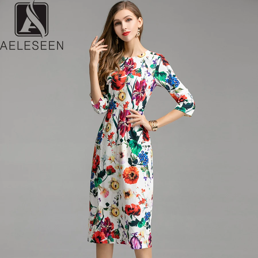 

AELESEEN New Summer Dresses 2019 Runway Designer Fashion 3/4 Sleeve Color Flower Printed Vintage Office Lady Knee Length Dress