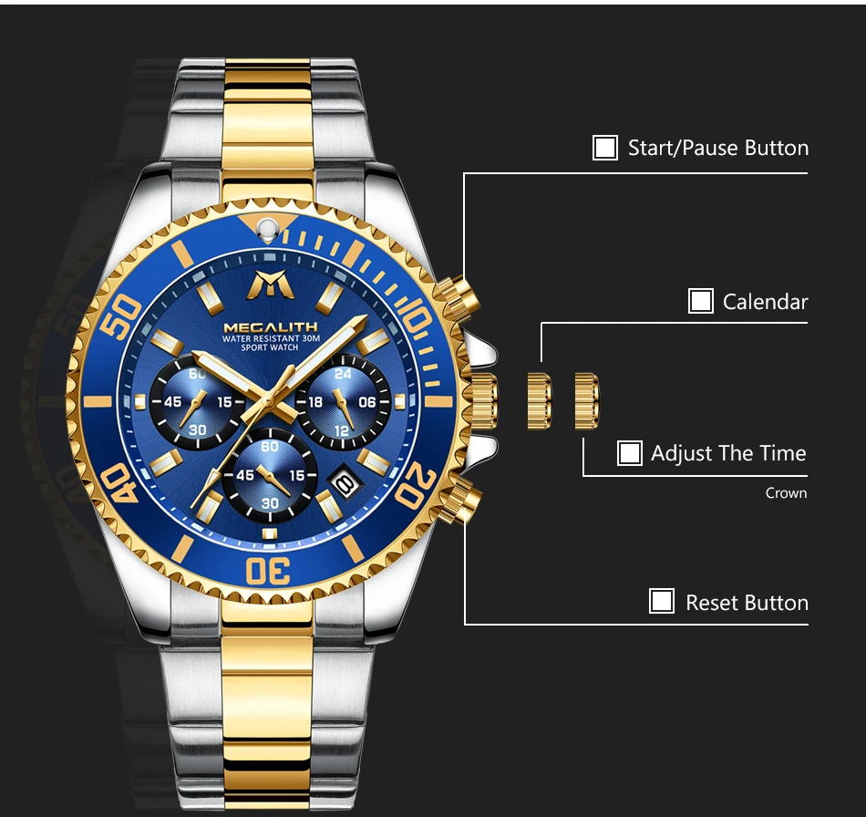 MEGALITH Reloj Hombre модные повседневные часы мужские водонепроницаемые аналоговые кварцевые часы с 24 часами даты спортивные мужские часы с хронографом