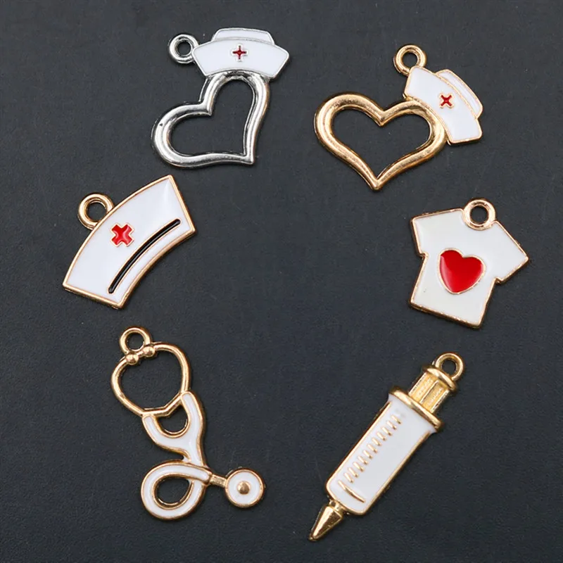 Multi style Creative Handmade Drip Oil Medical Jewelry Pendant Stethoscope Charms Syringe Charms Nurse Hat Charms 6pcs A1533