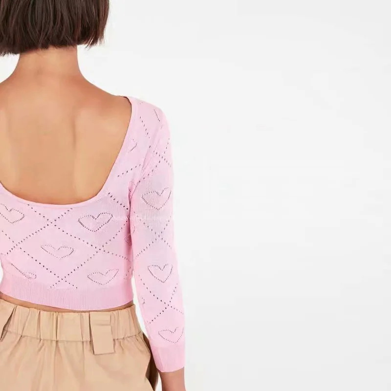 Женская футболка с вырезами розовая в стиле Харадзюку укороченный топ глубоким V