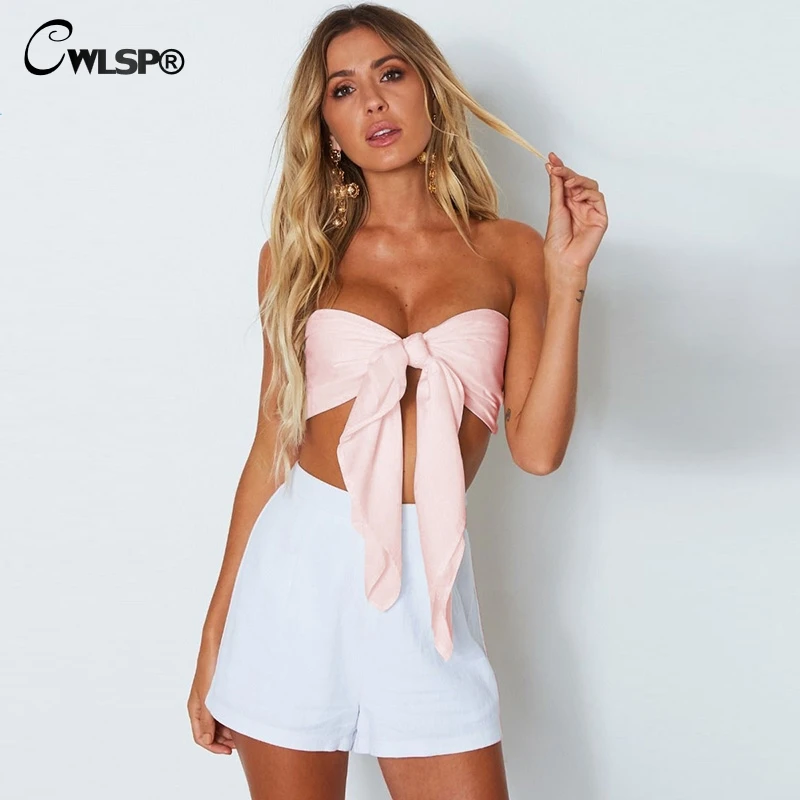 

CWLSP 2018 Summer Sexy Crop Top For Woman Fashion Short Solid T-Shirt With Bow Halter Backless Tanks Lingerie Female QZ2647