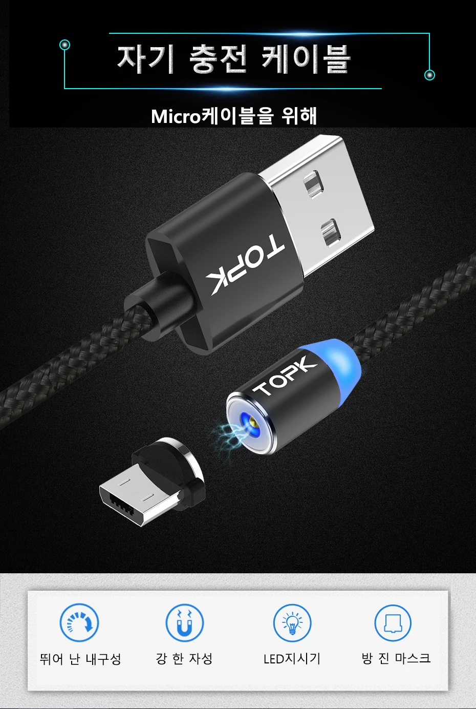 TOPK R-Line2 1 м 2 м светодиодный магнитный кабель Micro USB, высококачественный нейлоновый Плетеный Магнитный кабель для зарядного устройства Microusb для порта Micro USB для sony