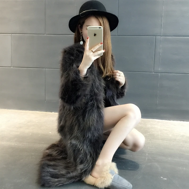 Высококачественное пальто из цельного меха енота женские длинные меховые с