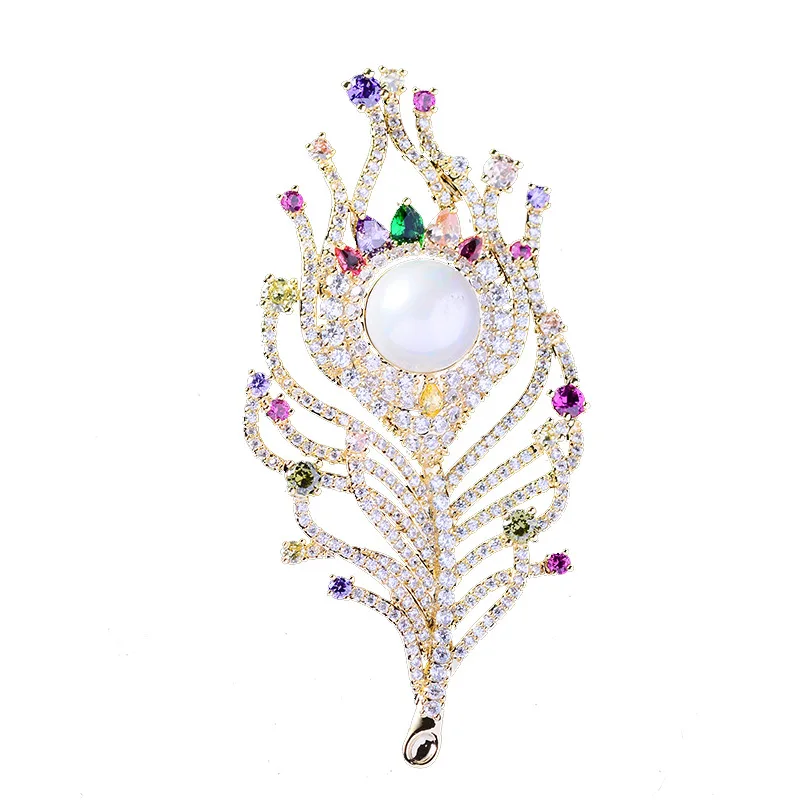 Elegant Cubic Zircon Pearl Feather Brooch Pin Women Party Bridal Wedding Jewelry 3175 | Украшения и аксессуары