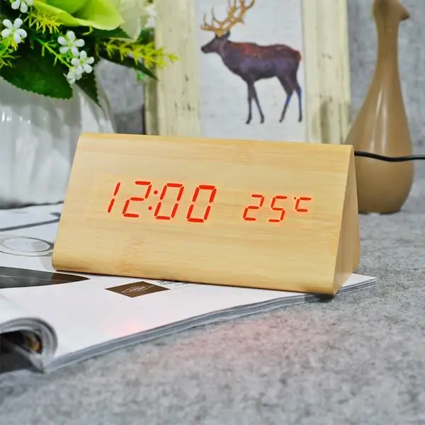 bamboo red Suncree деревянный светодиодный стол и настольные часы с термометром, Деревянный Будильник для подарка, управление звуками цифровые часы - Цвет: bamboo red