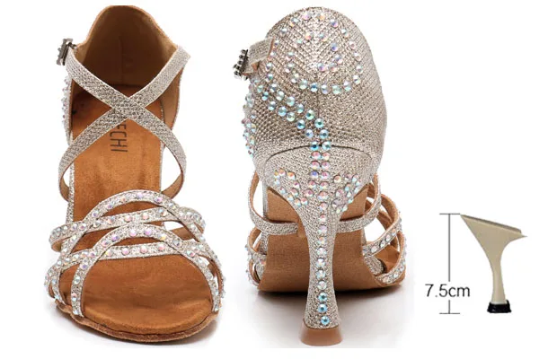 gold heel 75mm DILEECHI/Женская обувь для латинских танцев; стразы; блестящая обувь для сальсы; Бальные сандалии; обувь для танцев; обувь для вечеринок; Каблук-клеш 9 см; цвет золотистый, серебристый - Цвет: gold heel 75mm
