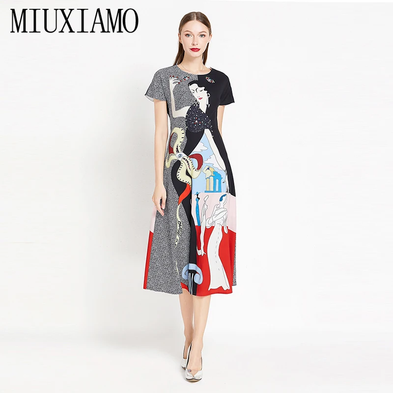 MIUXIMAO Europe Style 2023 Spring Summer Dress Fashion O-Neck Short Sleeve  Print Casual Elegant Mid-Calf Diamonds Dress Women