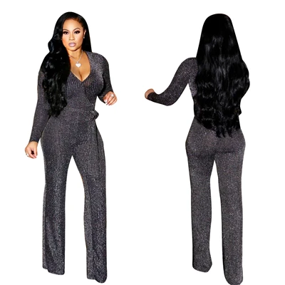 

Elegant Gold Wire Rib Jumpsuit Women Bodycon Metallic Glitter High Stretchy Ribbed Jumpsuit Wrap V Neck Overalls Outfits