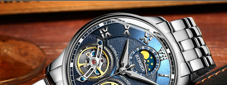 Швейцарские мужские часы с двойным Tourbillon, BINGER, автоматические часы для мужчин, модные механические наручные часы с кожаным ремешком