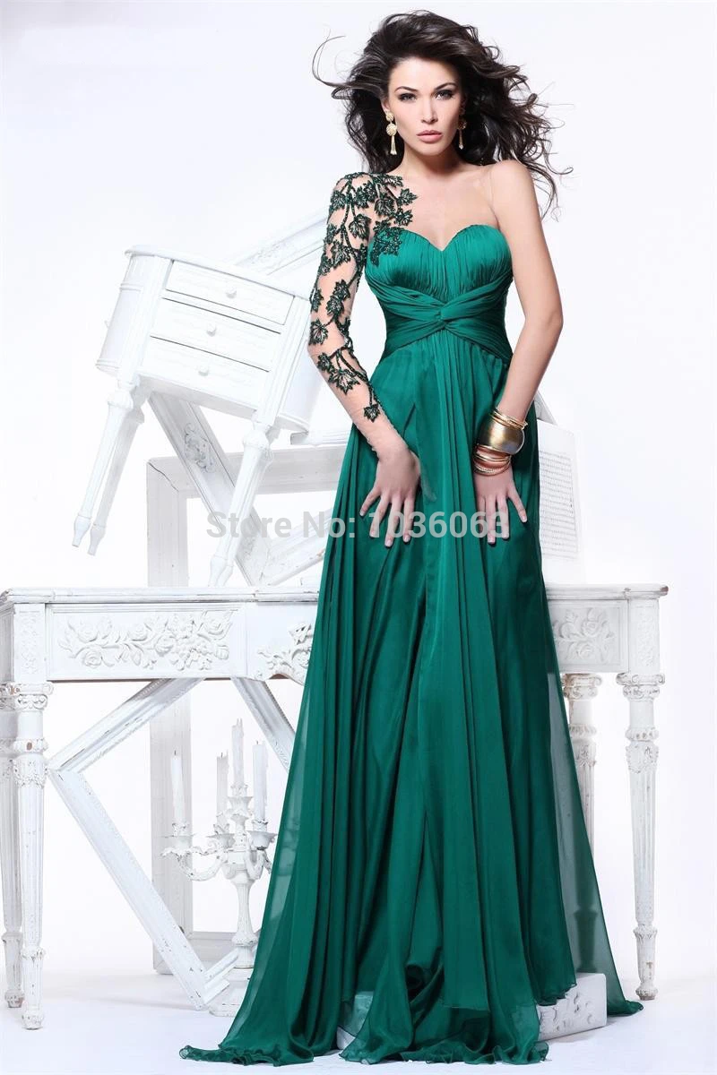 2014 Unique Emerald Green Applique With One Long Sleeve Backless Evening Dresses Women Formal Dress Chiffon|dress hit|dress banddress up games for