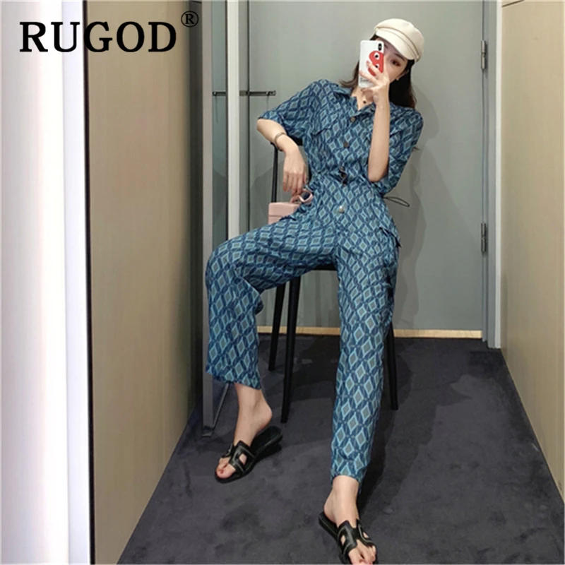 Женский шифоновый комбинезон RUGOD элегантный в клетку с высокой талией и широкими