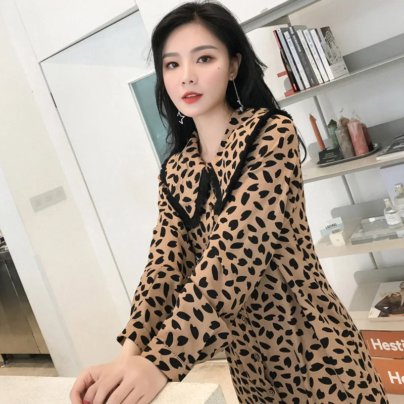Женское платье с леопардовым принтом BGTEEVER однобортное воротником Питер Пен и